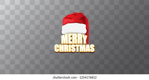 vector red Santa Claus hat label with greeting merry christmas text on azure transparent background. vector merry christmas card, flyer, horizontal banner design template or poster with space for text
