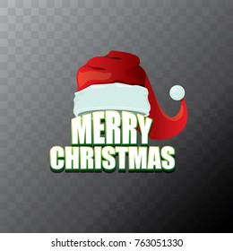 vector red Santa Claus hat label with greeting merry christmas text isolated on transparent background. vector merry christmas card, banner design template or xmas design elements.
