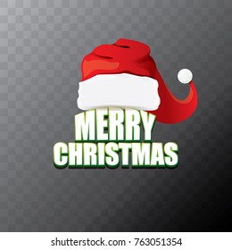 vector red Santa Claus hat label with greeting merry christmas text isolated on transparent background. vector merry christmas card, banner design template or xmas design elements.