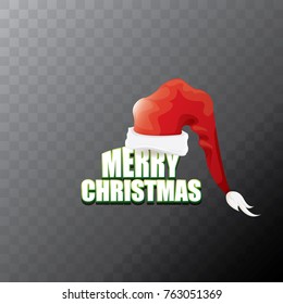 vector red Santa Claus hat label with greeting merry christmas text isolated on transparent background. vector merry christmas card, banner design template or xmas design elements.