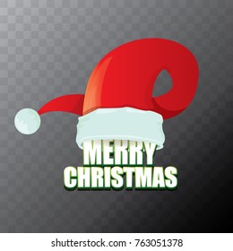 vector red Santa Claus hat label with greeting merry christmas text isolated on transparent background. vector merry christmas card, banner design template or xmas design elements.