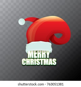 vector red Santa Claus hat label with greeting merry christmas text isolated on transparent background. vector merry christmas card, banner design template or xmas design elements.