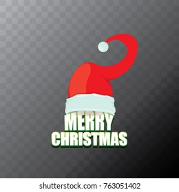 vector red Santa Claus hat label with greeting merry christmas text isolated on transparent background. vector merry christmas card, banner design template or xmas design elements.