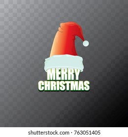 vector red Santa Claus hat label with greeting merry christmas text isolated on transparent background. vector merry christmas card, banner design template or xmas design elements.