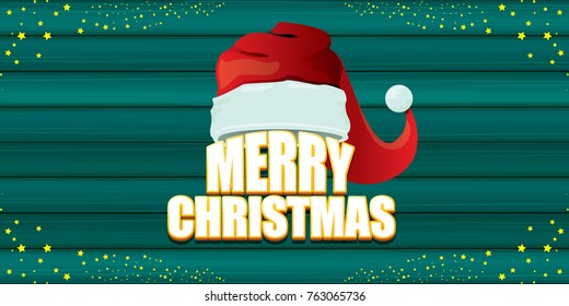 vector red Santa Claus hat label with greeting merry christmas text on wooden horizontal background. vector merry christmas card, flyer, horizontal banner design template or poster with space for text