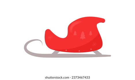 Vector red Santa Claus sleigh decorated with snowflakes. Illustration for Christmas and New Year in cartoon style. Sled isolated on white background, eps 10.