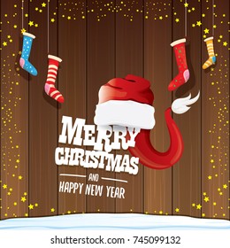 vector red Santa hat  with christmas socks and greeting text Merry Christmas and Happy new year on wooden background. vector merry christmas greeting card, banner design template or xmas background. 