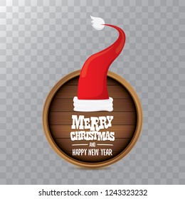 vector red Santa hat with circle wooden board sign and greeting merry christmas and happy new year text isolated on transparent background. vector merry christmas card, banner design template 