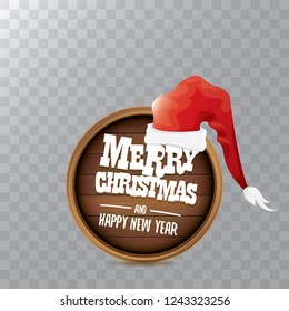 vector red Santa hat with circle wooden board sign and greeting merry christmas and happy new year text isolated on transparent background. vector merry christmas card, banner design template 