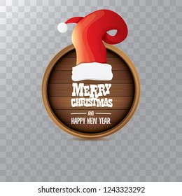 vector red Santa hat with circle wooden board sign and greeting merry christmas and happy new year text isolated on transparent background. vector merry christmas card, banner design template 