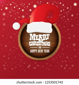 vector red Santa hat with circle wooden board sign and greeting merry christmas and happy new year text on red christmas background. vector merry christmas card, banner design template