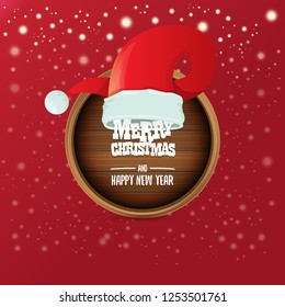 vector red Santa hat with circle wooden board sign and greeting merry christmas and happy new year text on red christmas background. vector merry christmas card, banner design template