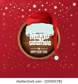 vector red Santa hat with circle wooden board sign and greeting merry christmas and happy new year text on red christmas background. vector merry christmas card, banner design template
