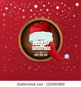 vector red Santa hat with circle wooden board sign and greeting merry christmas and happy new year text on red christmas background. vector merry christmas card, banner design template