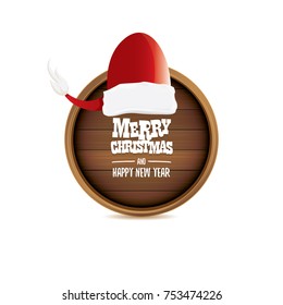 vector red Santa hat with circle wooden board sign isolated on white background. vector merry christmas card, banner design template or xmas background.