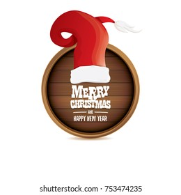 vector red Santa hat with circle wooden board sign isolated on white background. vector merry christmas card, banner design template or xmas background.