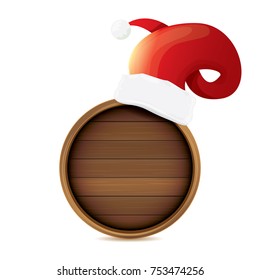 vector red Santa hat with circle wooden board sign isolated on white background. vector merry christmas card, banner design template or xmas background.