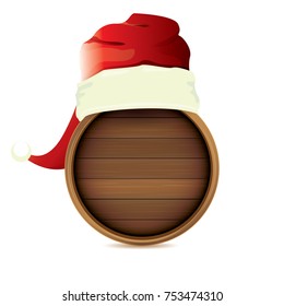 vector red Santa hat with circle wooden board sign isolated on white background. vector merry christmas card, banner design template or xmas background.