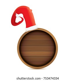 vector red Santa hat with circle wooden board sign isolated on white background. vector merry christmas card, banner design template or xmas background.