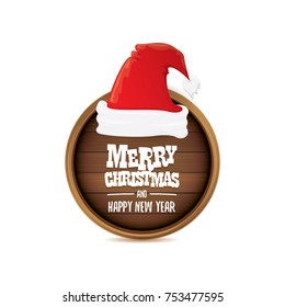 vector red Santa hat with circle wooden board sign and greeting merry christmas text isolated on white background. vector merry christmas card, banner design template or xmas background.