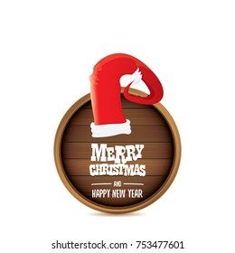 vector red Santa hat with circle wooden board sign and greeting merry christmas text isolated on white background. vector merry christmas card, banner design template or xmas background.