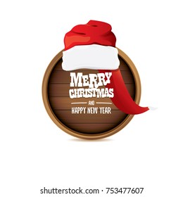 vector red Santa hat with circle wooden board sign and greeting merry christmas text isolated on white background. vector merry christmas card, banner design template or xmas background.