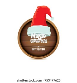 vector red Santa hat with circle wooden board sign and greeting merry christmas text isolated on white background. vector merry christmas card, banner design template or xmas background.