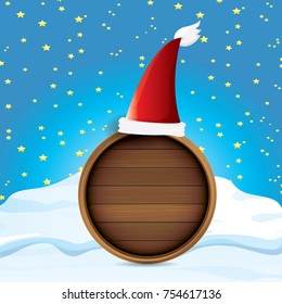 vector red Santa hat with circle wooden board sign standing on snow isolated on white background. vector merry christmas card, banner design template or xmas background.