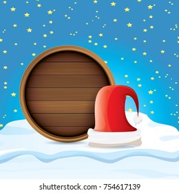 vector red Santa hat with circle wooden board sign standing on snow isolated on white background. vector merry christmas card, banner design template or xmas background.