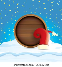 vector red Santa hat with circle wooden board sign standing on snow isolated on white background. vector merry christmas card, banner design template or xmas background.