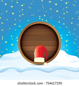 vector red Santa hat with circle wooden board sign standing on snow isolated on white background. vector merry christmas card, banner design template or xmas background.
