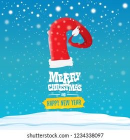 vector red Santa hat with greeting text Merry Christmas and happy new year on blue background with snow and snowflakes. Cartoon merry christmas card, banner or xmas background. vector illustration