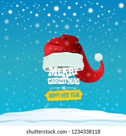 vector red Santa hat with greeting text Merry Christmas and happy new year on blue background with snow and snowflakes. Cartoon merry christmas card, banner or xmas background. vector illustration