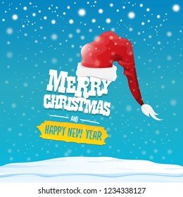 vector red Santa hat with greeting text Merry Christmas and happy new year on blue background with snow and snowflakes. Cartoon merry christmas card, banner or xmas background. vector illustration