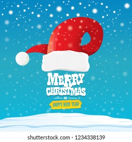 vector red Santa hat with greeting text Merry Christmas and happy new year on blue background with snow and snowflakes. Cartoon merry christmas card, banner or xmas background. vector illustration