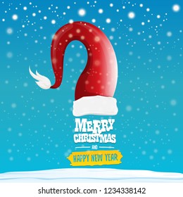 vector red Santa hat with greeting text Merry Christmas and happy new year on blue background with snow and snowflakes. Cartoon merry christmas card, banner or xmas background. vector illustration