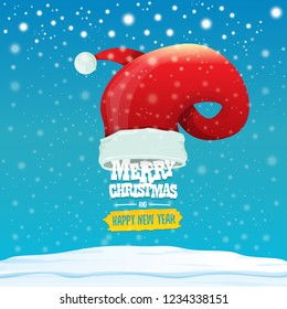 vector red Santa hat with greeting text Merry Christmas and happy new year on blue background with snow and snowflakes. Cartoon merry christmas card, banner or xmas background. vector illustration