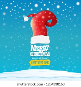 vector red Santa hat with greeting text Merry Christmas and happy new year on blue background with snow and snowflakes. Cartoon merry christmas card, banner or xmas background. vector illustration