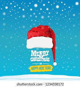 vector red Santa hat with greeting text Merry Christmas and happy new year on blue background with snow and snowflakes. Cartoon merry christmas card, banner or xmas background. vector illustration
