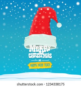 vector red Santa hat with greeting text Merry Christmas and happy new year on blue background with snow and snowflakes. Cartoon merry christmas card, banner or xmas background. vector illustration