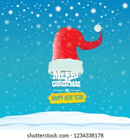 vector red Santa hat with greeting text Merry Christmas and happy new year on blue background with snow and snowflakes. Cartoon merry christmas card, banner or xmas background. vector illustration