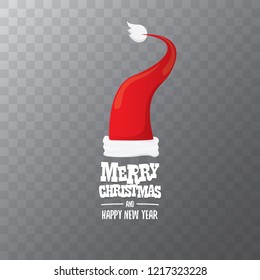 vector red Santa hat label isolated on transparent background with greeting text Merry Christmas. Cartoon merry christmas card, banner or xmas background. vector illustration
