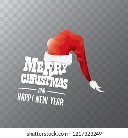 vector red Santa hat label isolated on transparent background with greeting text Merry Christmas. Cartoon merry christmas card, banner or xmas background. vector illustration