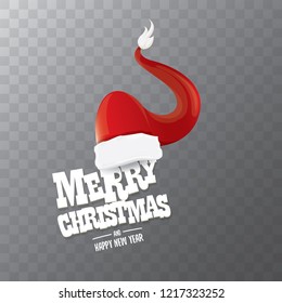 vector red Santa hat label isolated on transparent background with greeting text Merry Christmas. Cartoon merry christmas card, banner or xmas background. vector illustration