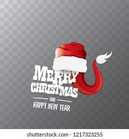 vector red Santa hat label isolated on transparent background with greeting text Merry Christmas. Cartoon merry christmas card, banner or xmas background. vector illustration