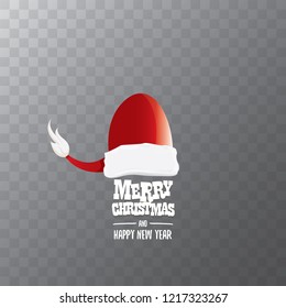 vector red Santa hat label isolated on transparent background with greeting text Merry Christmas. Cartoon merry christmas card, banner or xmas background. vector illustration