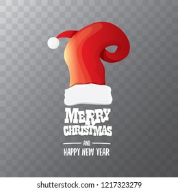 vector red Santa hat label isolated on transparent background with greeting text Merry Christmas. Cartoon merry christmas card, banner or xmas background. vector illustration