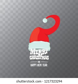 vector red Santa hat label isolated on transparent background with greeting text Merry Christmas. Cartoon merry christmas card, banner or xmas background. vector illustration
