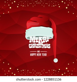 vector red Santa hat label isolated on red background with greeting text Merry Christmas and golden stars and lights. Cartoon merry christmas card, banner or xmas background. vector illustration