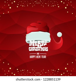 vector red Santa hat label isolated on red background with greeting text Merry Christmas and golden stars and lights. Cartoon merry christmas card, banner or xmas background. vector illustration